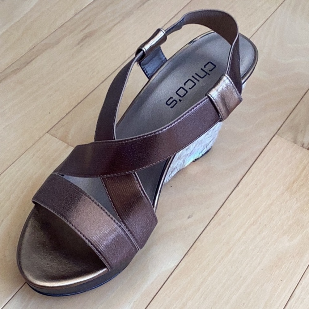 CHICOS bronze, open toe sling back espadrille wedge sandals. Women size 9.5 - Picture 15 of 16